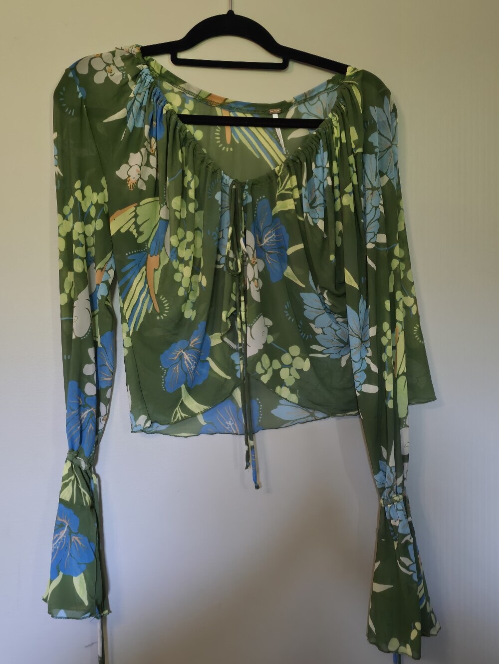 Free People Green Floral Tie-Front Peasant Blouse